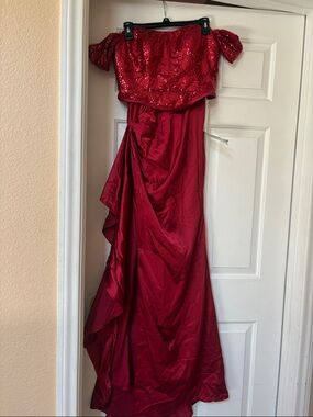 Red Sequin Off-Shoulder Evening Gown